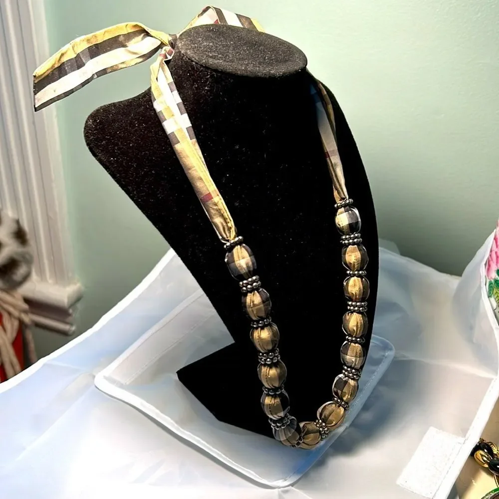 Hand Made Ribbon covered bead necklace with bead accent